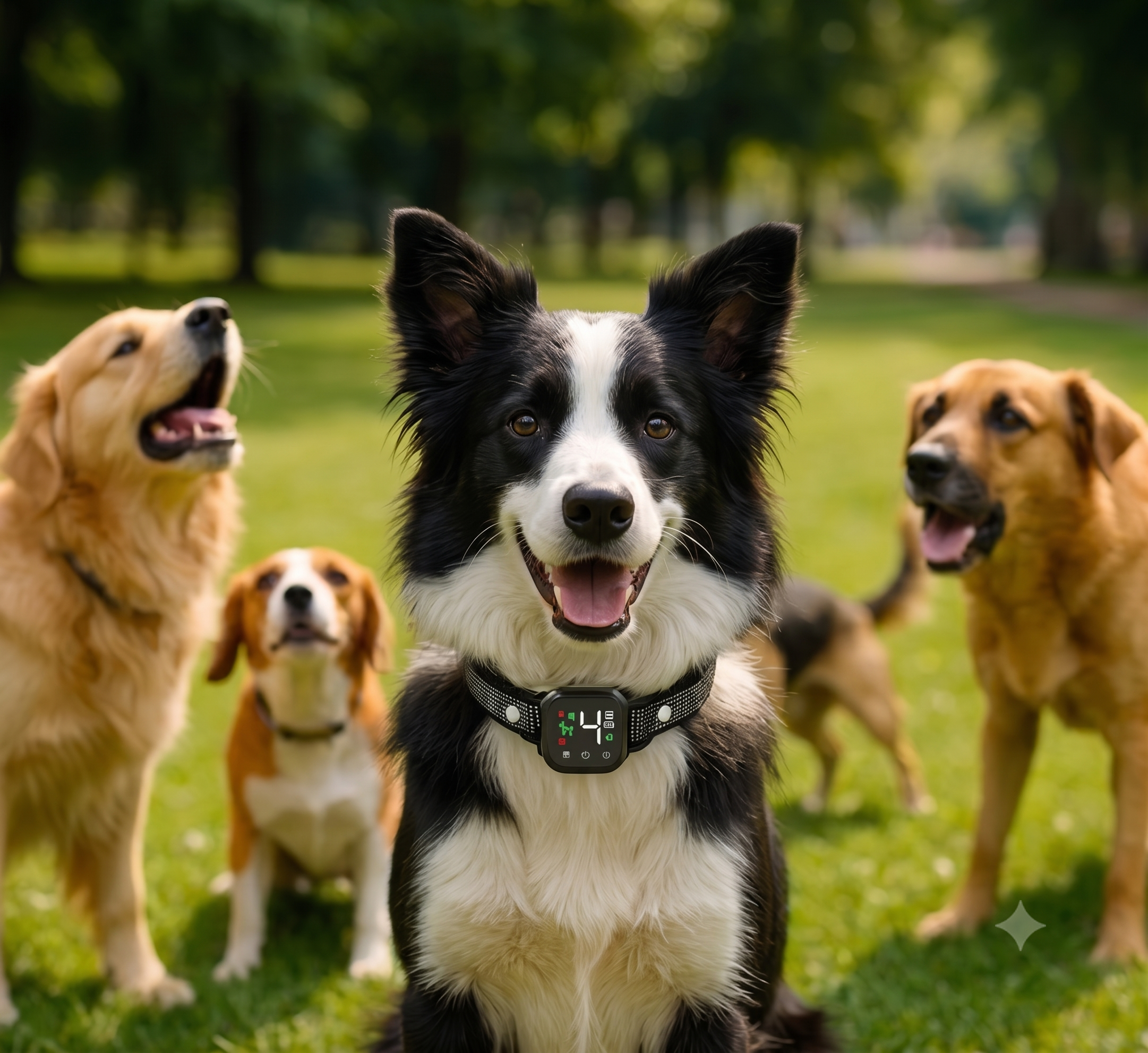 Dog wearing NooBark collar ignoring other dogs barking